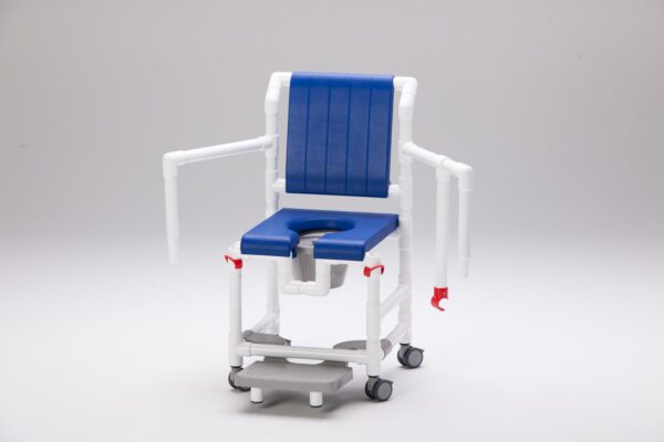 Toilettenstuhl Laguna mit PU-Sitz, Hygieneausschnitt und abschwenkbaren Armlehnen, geeignet für Dusche und Toilette, bis 150 kg belastbar.