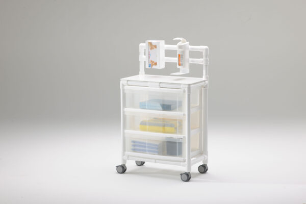 Hygienewagen Perfekt organisiert und hygienisch: 3 transparente Schubladen, Ø75mm Doppelradrollen, Desinfektionsmittelspender, Handschuhspender und leicht zu reinigende Vollkunststoff-Ablagefläche
