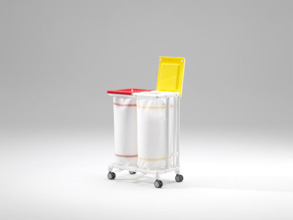 RCN Wäschesammler: Effiziente Wäschelogistik mit Fußpedal-Deckelöffnung, geräuschgedämpften Deckeln, rutschsicheren Edelstahlbügeln.