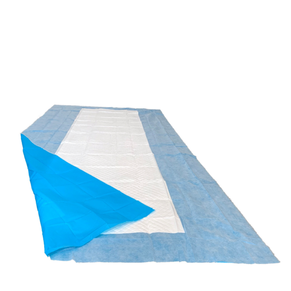 Hochabsorbierende OP-Tischabdeckung aus Zellstoff, SAP und PE, 100×225 cm, für chirurgische Eingriffe, mit hoher Saugkraft und Flüssigkeitsbarriere.