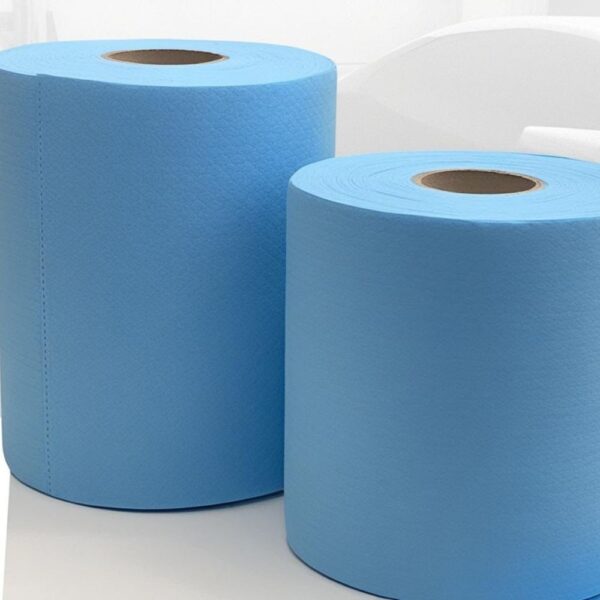 Putzrolle blau, 3-lagig, Zellstoff, 175 m lang mit 500 perforierten Blättern (36,5 × 35 cm) – für professionelle Reinigungsanwendungen geeignet.