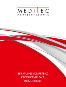 MediTec Medizintechnik logo with red curves and gray waves; slogan: Beratungskompetenz. Produktvielfalt. Herzlichkeit.