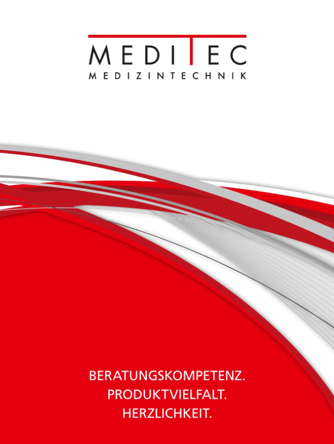 MediTec Medizintechnik logo with red curves and gray waves; slogan: Beratungskompetenz. Produktvielfalt. Herzlichkeit.