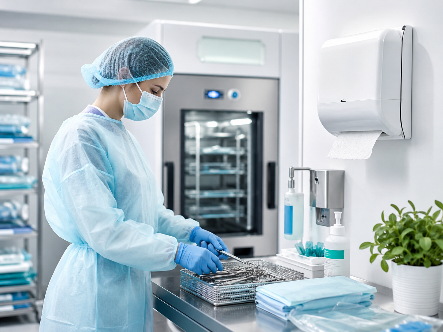 Medical worker in PPE sterilizing surgical instruments on a tray in a sterile prep area with an autoclave in the background.