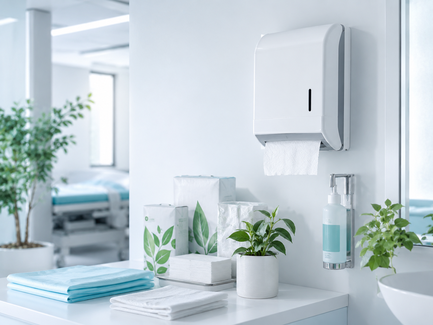 Clean clinical bathroom counter with blue towels, tissue boxes, sanitizer dispenser, and green plants.