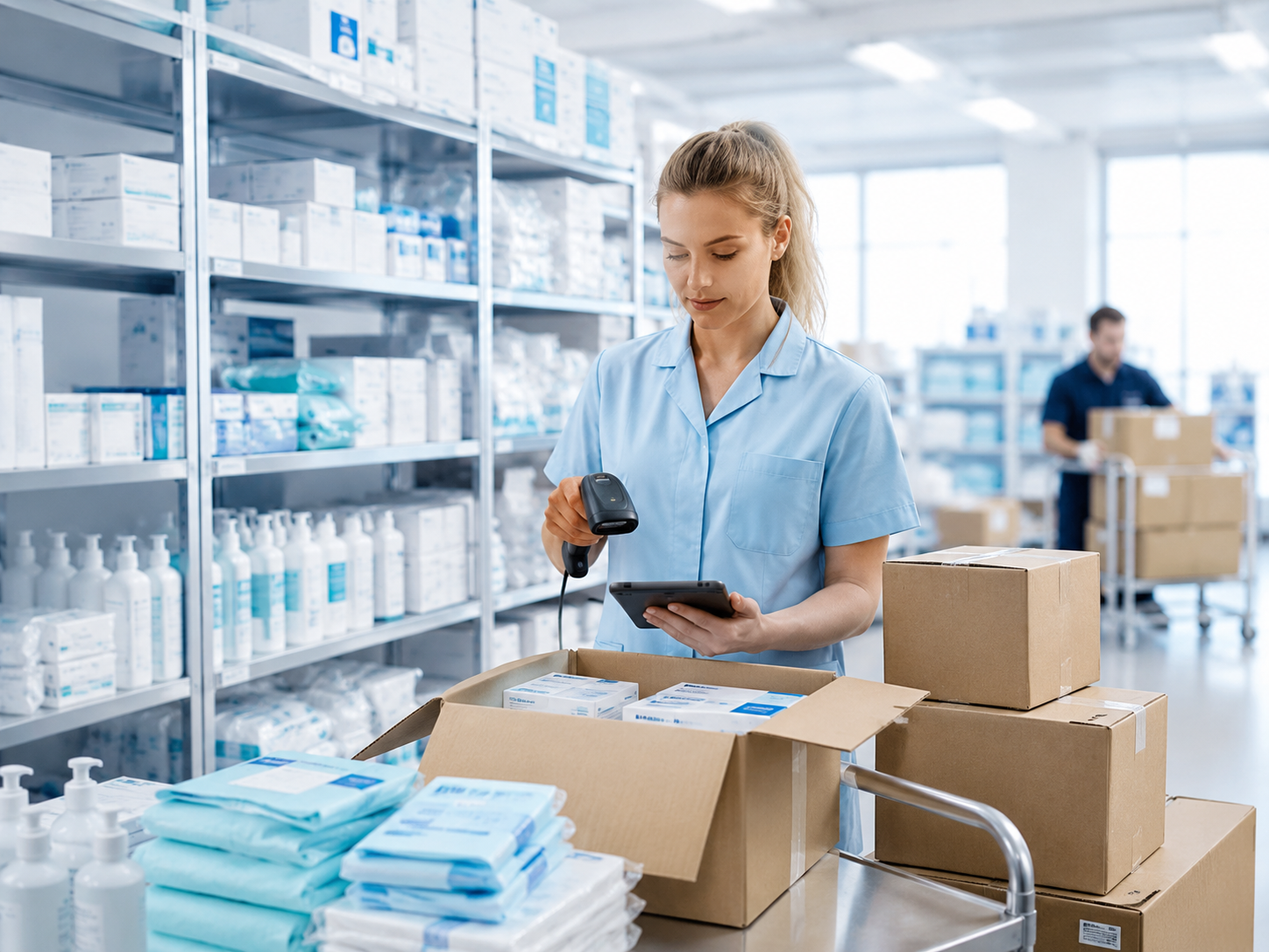 Warehouse nurse scans packages with a handheld barcode scanner while checking a tablet, surrounded by boxes and medical supplies on shelves